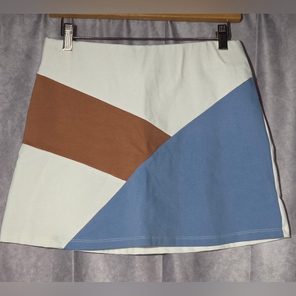 Altar'd State White Blue Brown Color Block Mini Skirt Womens Large Preppy Spring